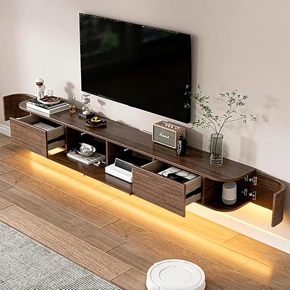 Floating TV Stand Large Floating TV Shelves Wall Mounted Multi Storage Compartment TV Media Console Floating TV Cabinet Large Storage TV Bench Under TV (Brown B+LED, 240 * 20 * 30CM)