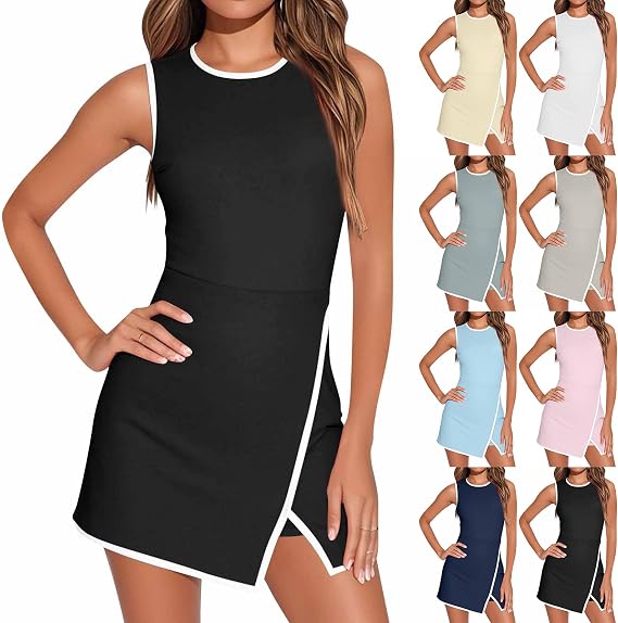 Women Tennis Dress with Shorts Underneath Sleeveless Crew Neck Athletic Workout Skort Romper Dress Mini Golf Dresses