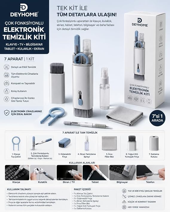 7'si 1 Arada Elektronik Temizleyici Kiti, Fırçalı Klavye Temizleyici Kiti, Airpods Pro için 3'ü 1 Arada Temizleme Kalemi, Kulaklık, Klavye, Dizüstü Bilgisayar, Telefon, PC Monitörü için