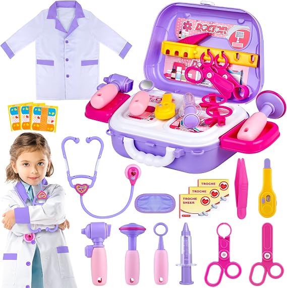 GIFTINBOX Kids Doctor Kit for Girls and Boys , Purple Doctors kit for Kids 22 Pieces Pretend Play Medical Toys Set with Roleplay Doctor Costume and Carry Bag for Little Girls-B