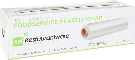 Restaurantware-RW Base 12 Inch x 2000 Feet Cling Wrap, 1 Roll Microwavable Cling Film - With Removable Slide-Cutter, Clear Plastic Food Wrapping Film, Securely Seal And Keep Food Fresh