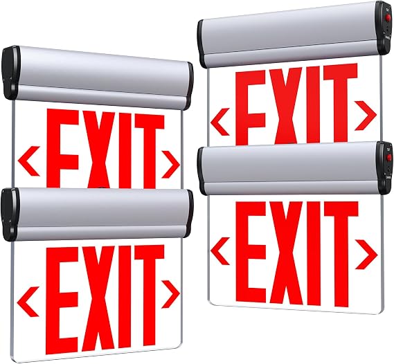 Led Edge-Lit Exit Sign ,Brushed Aluminum Housing Single-Sided Clear Rotating Acrylic Panel,Hardwired Emergency Exit Signs with Battery Backup, 120V-347VAC,Red Led Emergency Exit Light for Business , UL Listed,Top/Side/Wall Mount(4 Pack)