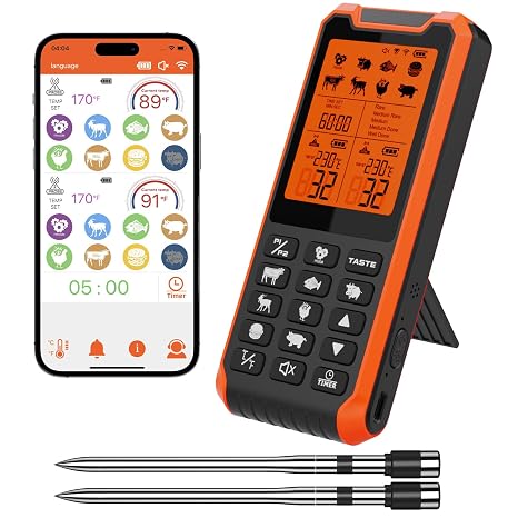 Smart Wireless Meat Thermometer with Dual Probes & APP Alerts, Bluetooth Grill Thermometer with 800ft, Digital Base, 0.5FAccuracy, LCD Backlit Screen for BBQ, Oven, Smoker, Kitchen Cooking