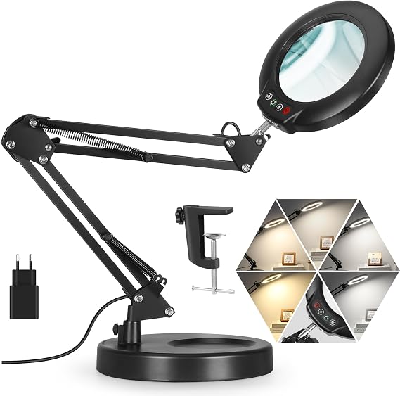 Veemagni 12 x Magnifying Glass with Light 5 Colour Modes Continuously Dimmable 2-in-1 Desk Lamp and Clamp LED Illuminated Magnifying Glass with Light and Stand Hands Free for Crafts Hobby Painting Closing Work [Energy Class E]