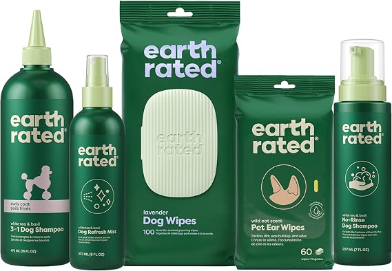 Earth Rated Curly Coat Essentials - Dog Shampoo, Grooming Wipes, Refresh Mist, Ear Wipes & No-Rinse Shampoo