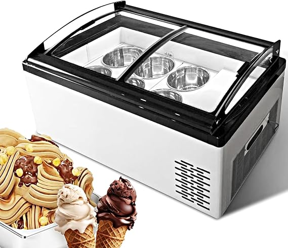 Gelato Display Freezer, Ice Cream Showcase Display Cabinet with LED Light 6 Removable Round Pans Temperature Control -4F to 46F