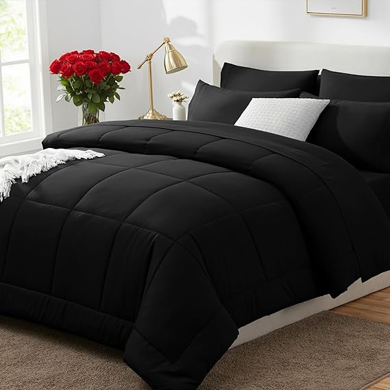 CozyLux King Size Comforter Set Black - 7 Pieces Bed in a Bag