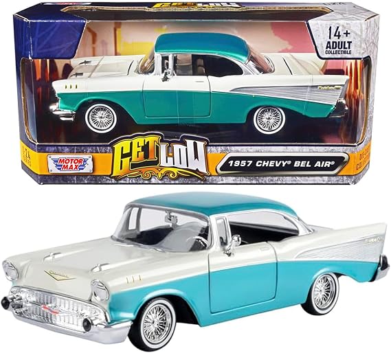 1957 Chevy Bel Air Lowrider Turquoise Metallic and White Get Low Series 1/24 Diecast Model Car by Motormax 79029