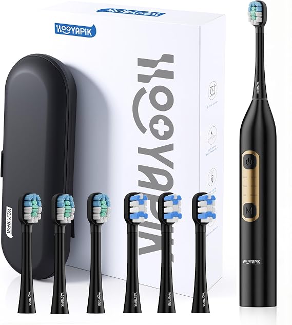 Sonic Electric Toothbrush, 40,000 VPM, 6 Modes, White, with 6 Brush Heads and Travel Case (Black)