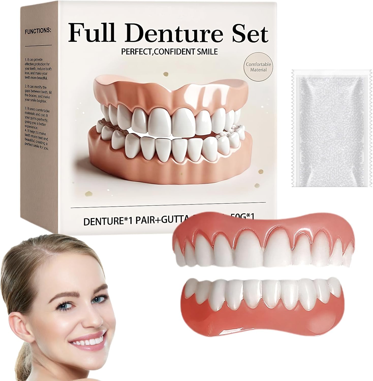 Full Dentures Set, Silicone Reline False Teeth Top and Bottom Soft Comfortable and Adjustable