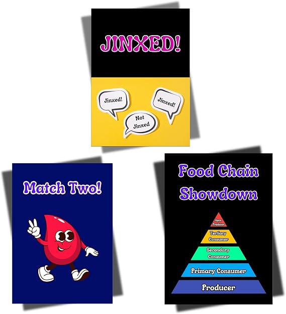 3-in-1 Family Games: 1. Get Jinxed with Other Players to Win! 2. Trust Your Instincts in Food Chain Showdown. 3. Sharpen Your Memory and Win in Match Twos Battle of Wits!