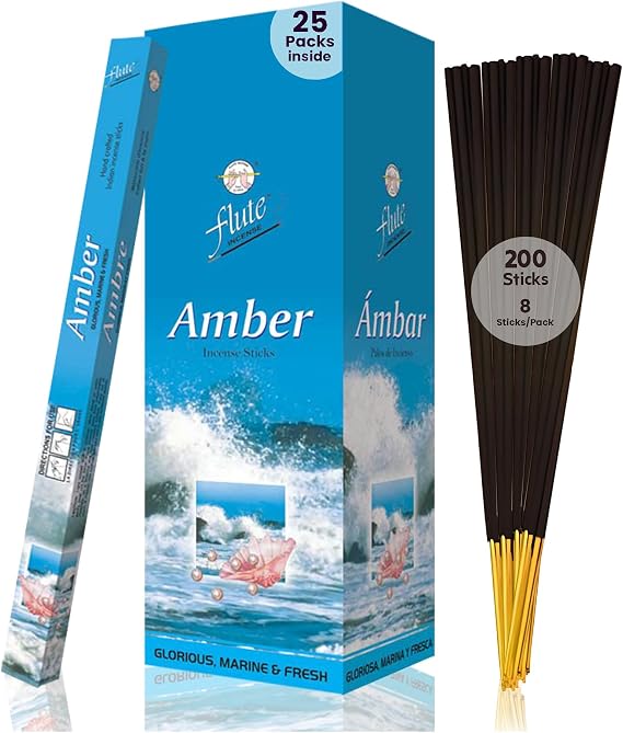 Flute Amber Incense Sticks Warm Resin-Inspired Incense for Relaxation, Harmony & Luxurious Living - 8 Sticks/Pack, 25 Packs/Box (9 Inch, 200 Sticks) | 40 Minutes Burn Time