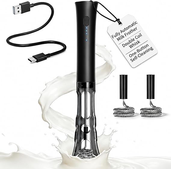 Milk Frother Handheld Rechargeable, Low Noise Frother Wand with Hands-Free Stand, Dual Coil Milk Frother for Coffee, Latte, Cappuccino & Matcha for Thick Creamy Foam, Anti-Accidental Start Design