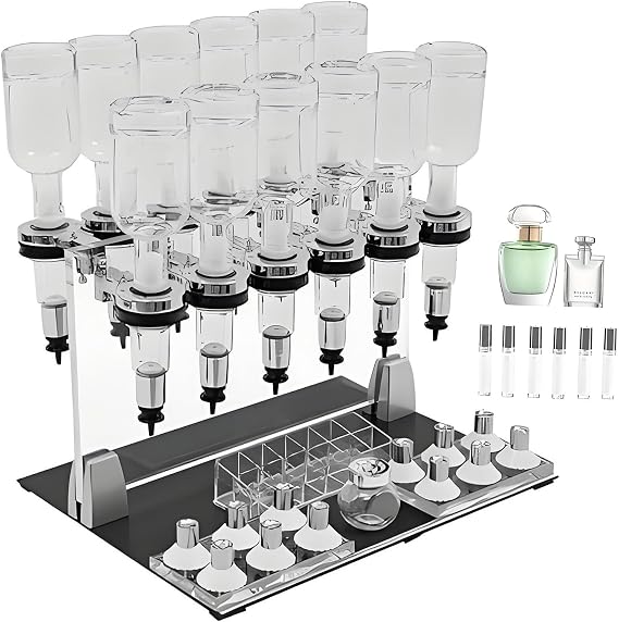 Manual Perfume Dispenser Bottle Station with 12 Bottles Luxury Perfume Tester Station 200ml with Adjustable Pump Heads Flow Liquid Filler Machine,for Shops,Lab,Bars 12heads