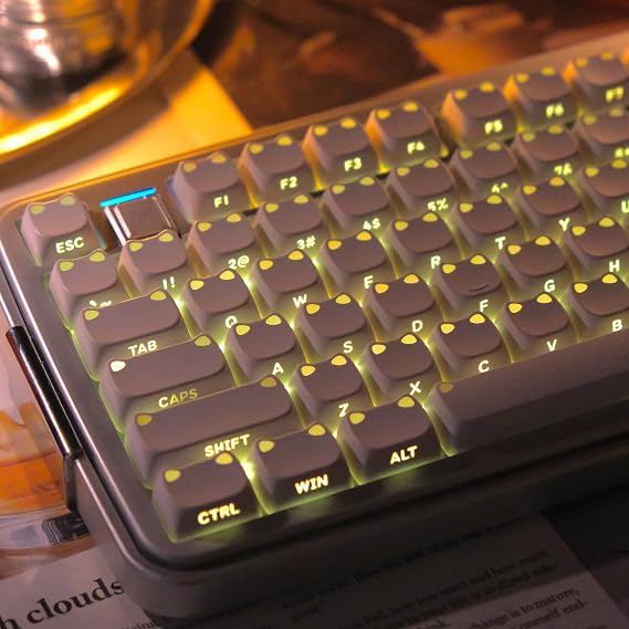 Shine Through PBTキーキャップ、ミニマリストホワイトサイドプリントキーキャップ、113キーカスタムMAOプロファイルキーボードキャップセット、かわいい猫の昇華型キーキャップ、61/64/87/100/104/108チェリーMXメカニカルキーボード用