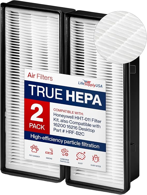 HHT-011 True HEPA Filter Replacement Compatible with Honeywell HHT-011 Filter Kit fits 16200 16216 Desktop Part# HRF-B2C Air Purifier by LifeSupplyUSA (2-Pack)