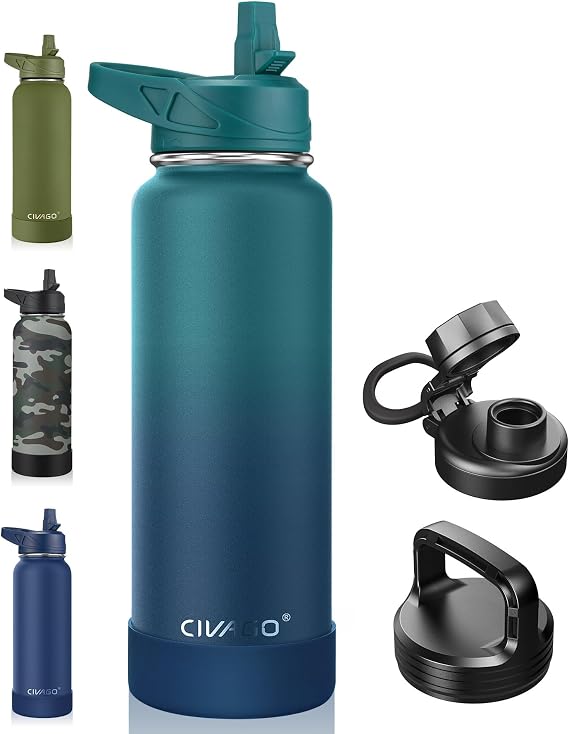 CIVAGO 40 oz Insulated Stainless Steel Water Bottle With Straw and 3 Lids