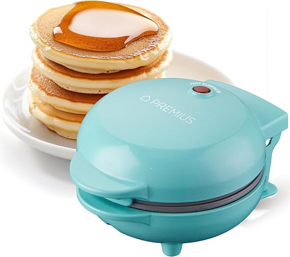 Ceramic NonStick Mini Snack Griddle Maker, 4 Mold, Quick Heat Up, Individual Fluffy Pancakes, Grilled Cheese, Eggs, Pizzas, Cookies & On-the-Go Breakfast & Lunch, Just Add Batter (Turquoise)