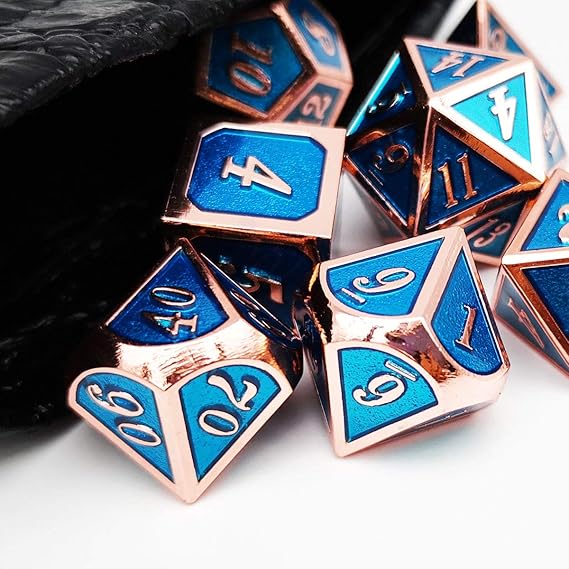 Haxtec Metal DND Dice Set, 7 Pcs Blue Polyhedral Dice for Table Games | Copper Edge D&D Dice with Leather Bag, Compatible with Dungeons and Dragons, Heavy Metallic, Gifts for Role Playing Games