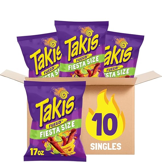 Takis Fuego 10 ct, 17 oz Fiesta Size Case, Hot Chili Pepper & Lime Flavored Extreme Spicy Rolled Tortilla Chips