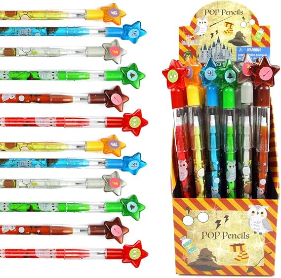 TINYMILLS 24 Pcs Wizard Multi Point Stackable Push Pencil Assortment with Eraser for Wizard Birthday Party Favor Prize Carnival Goodie Bag Stuffers Classroom Rewards Pinata Fillers