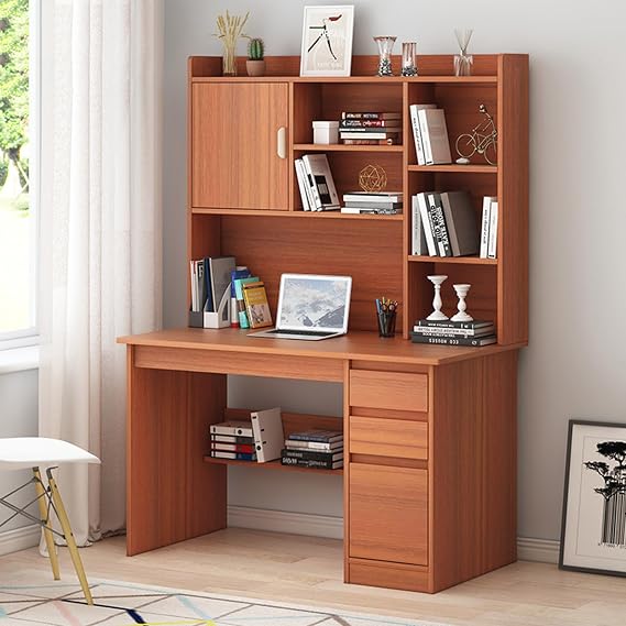 Wooden Computer Desk with Bookshelf and Hutch, Large Home Office Writing Desk with Drawer and Storage Shelf, Modern Laptop PC Desk,Space-Saving Workstation Desk for Living Room Bedroom