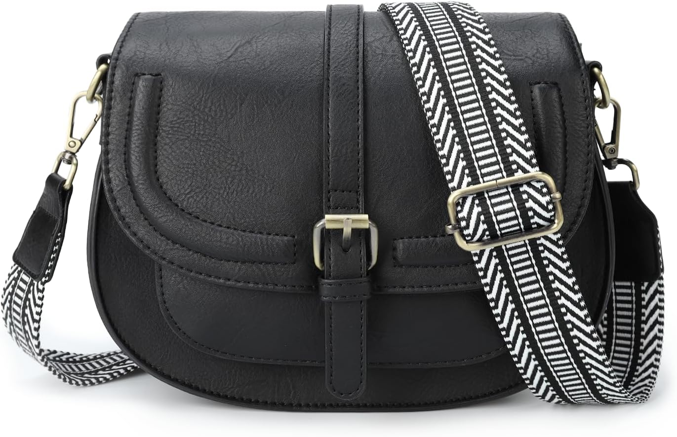 AFKOMST Crossbody Bags for Women Small Saddle Shoulder Purse and Boho Cross body Handbags with Wide Guitar Strap,Faux Leather