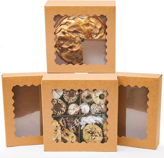 Gcardist Auto-pop Up Brown 25.4x25.4x6.4cm 12Pcs Cookie Box with Window Pastry Macaron Bakery Box For Packaging (10x10x2.5 inch)