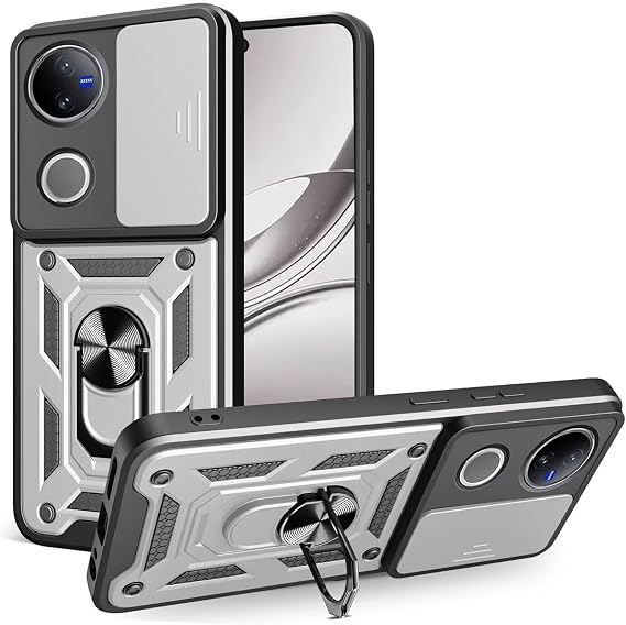 RankOne Mobile Phone Case Suitable for vivo V50 5G / vivo V50e (6.77" Inches) PC Ring Armor Push Window Anti Drop Mobile Phone Case - Silver
