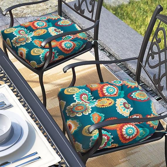 Magpie Fabrics Outdoor/Indoor Tufted Seat Cushion with Ties Set of 2, 19"x19" Waterproof Patio Chair Pads Tatami for Room Garden Balcony Office Decor(Floral Green)