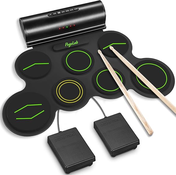 POGOLAB Electronic Drum Set, 7 Pads Roll Up Electric Drum Pad with Wireless Function, Portable Rechargeable Midi Drum Kit with Speaker/Pedals/Headphone Jack, Great Holiday Gift for Beginner (Green)