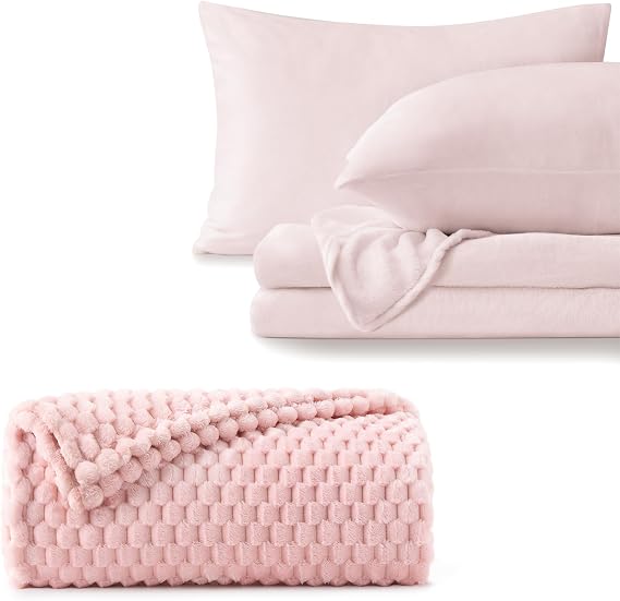 BEDELITE 3D Jacquard Fleece Blanket (50"x60") & Fleece Sheet Set King Size 4 Piece(Include Fitted Sheet, Flat Sheet, 2 Pillowcases)