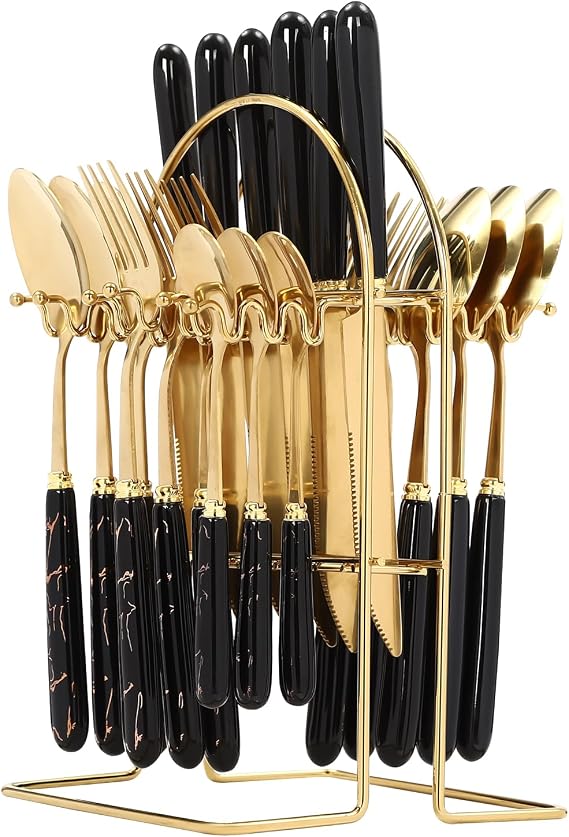 24 Piece Gold Cutlery Set 420 Stainless Steel 6 Place Settings Blue Ceramic Handle Knife Fork Spoon Coffee Spoon Set Formal Dinnerware Hygienic Stand UK​ (Golden Black)