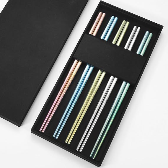 Pure Titanium Chopsticks 5 Pairs Metal Chopsticks Reusable | 9.05 inch Multicolor Chop sticks Set Upscale Tableware Dishwasher Safe Light Durable Palillos Chinos as Gift