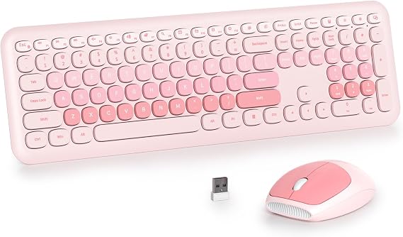 Pink Colorful Wireless Keyboard and Mouse Combo Set, 2.4GHz Retro Typewriter Keyboard, Full Size Cute Keyboard with Number Pad, Home and Office Silent Keyboards (Light Pink)