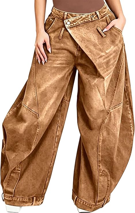Womens Barrel Jeans High Rise Baggy Vintage Distressed Denim Pants