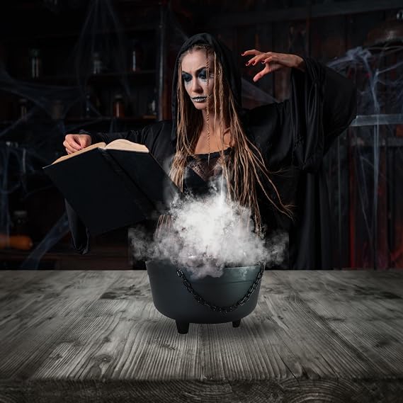 Witches Full Size 9" Bubbling Black Cauldron with Chain Handle | Spooky Mystic White Fogger | Great for Halloween Decor, Parties, Trick or Treat Candy Bucket