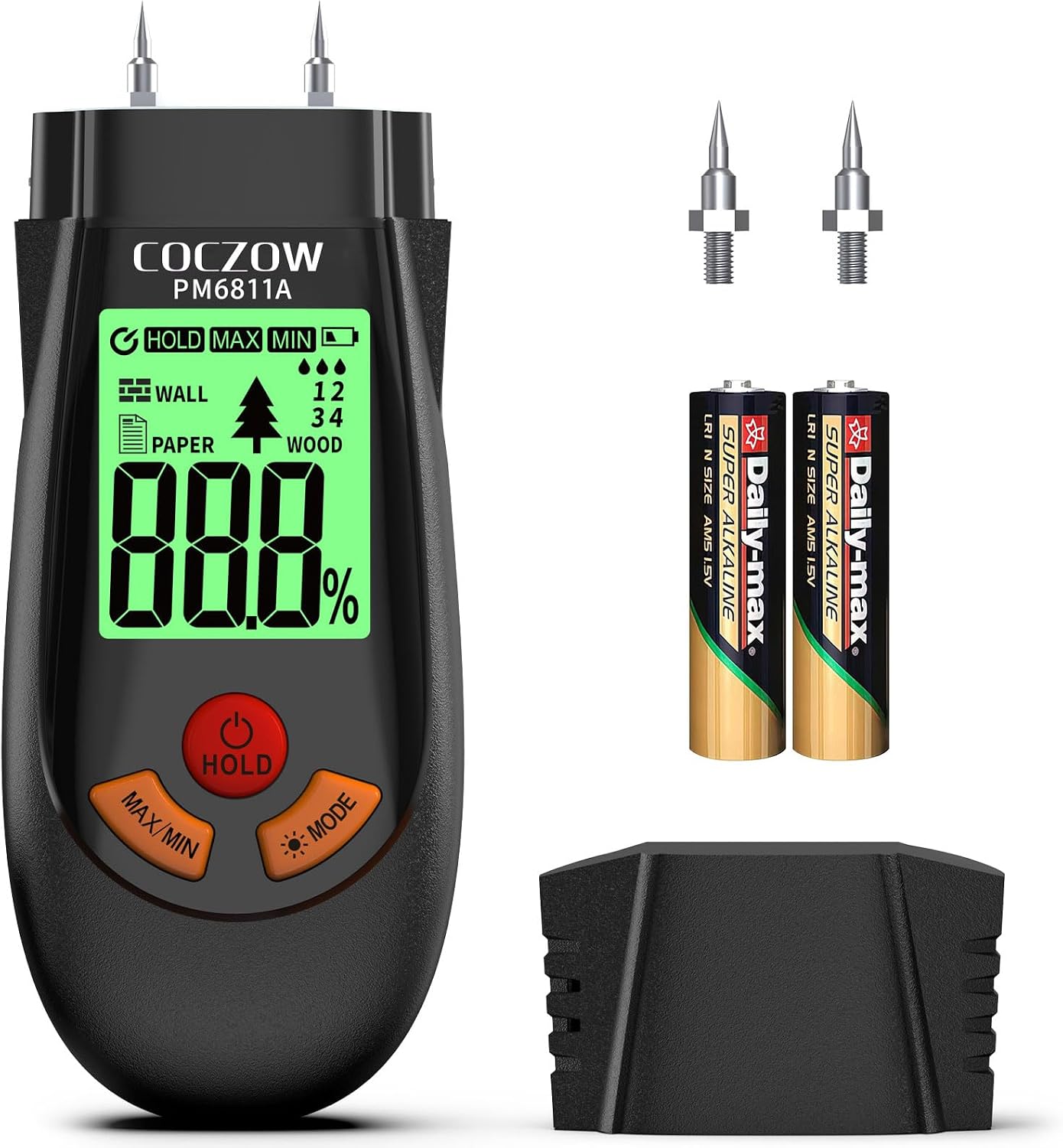 PM6811A 6-in-1 Moisture Meter for Wood Walls Firewood Logs Floors Caravan, ±1% Pin-Type Damp Tester for Paper, Drywall and Building Material, GBT1931 Standard with Tricolor Backlit LCD