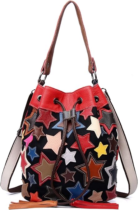 Womens Multicolor Drawstring Bucket Bag Leather Colorful Star Stitching Handbag