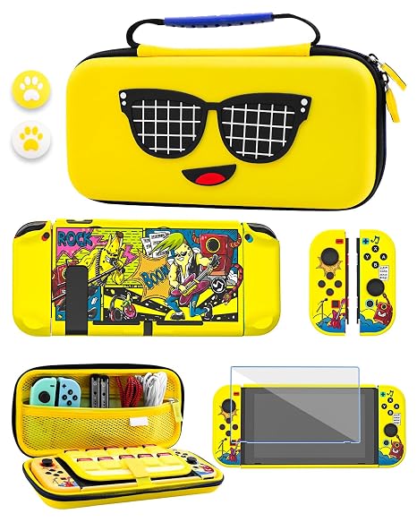 GLDRAM Carrying Case for Nintendo Switch, Accessories Bundle with Portable Travel Storage Bag, PC Protective Skin Cover for Console & Joycon, Screen Protector & Thumb Cap