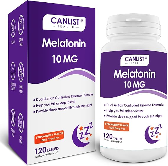 CANLIST Extra Strength Melatonin 10mg Tablets, Sleep Support, Fall Asleep Faster, Non-Habit Forming Sleep Aids for Adults, Sleep Cycle Regulation, Vegan, Non-GMO & Gluten-Free, 120 Tablets