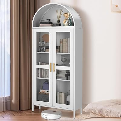 73 Tall Metal Arched Storage Cabinet with Glass Doors, Modern Kitchen Pantry & Cupboard for LivingDining Room, 2 Adjustable Shelves, Easy Assembly, White