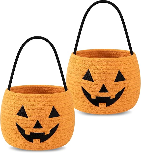 OIAHOMY 2 Pack Halloween Trick or Treat Bucket, Large Halloween Candy Snack Baskets, Woven Baskets for Decor, Gift, Orange