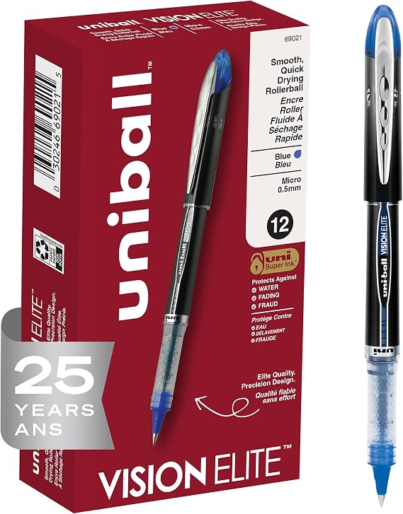 uni-ball uniball Vision Elite Rollerball Pens with 0.5mm Fine Point Micro Tip, Blue, 12 Count