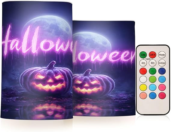 Halloween Pumpkin Moon Glow Violet Flameless Candles with Remote & Timer Flickering Battery Operated Fake Candles Color-Changing LED Light for Home Decor Decoration Room Indoor 2 Pcs