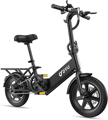 DYU Electric Bike for Adult 500W Motor 36V 7.8Ah Battery, 20 Mph Folding Electric Bicycles, Dual Disc Brakes 14 Commuter City Mini Ebikes with Pedals for Adults and Teens