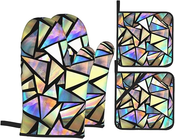 Iridescent Bright Triangles Oven Mitts and Pot Holders Set of 4, Oven Mittens and Potholders Heat Resistant Gloves for Kitchen Cooking Baking Grilling BBQ