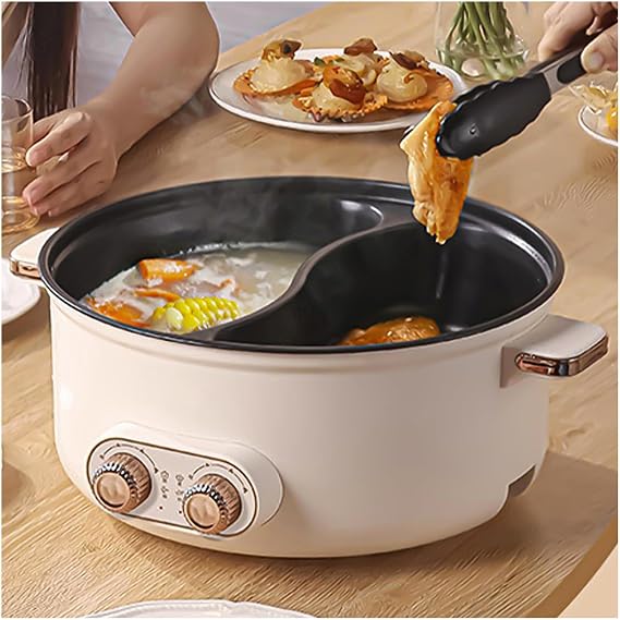Self Heating Hot Pot, Double control switch, 1600 Watts Electric Hot Pots Hot Pot Electric Topwit, Ideal for Family Gatherings (with 2 Leaky Nets),7.5L