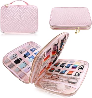Watch Band Case Organizer for Apple Watch Band, Soft Velvet Watch Band Holder for 35 Watch Straps, Portable Travel Storage Bag for iWatch Band, Pin, Headphone& Other Accessories Pink