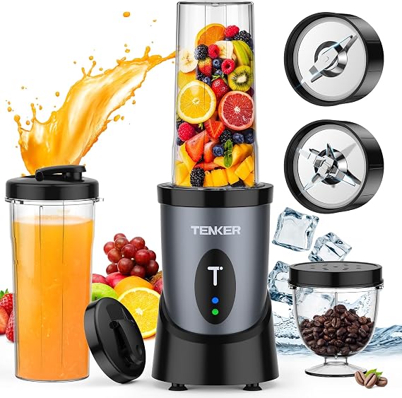 TENKER Portable Mini Blender, 850W Personal Smoothie Maker with 2x650ml Portable Blender Bottles, 2pcs To-Go Lids and 300ml Grinder, BPA-Free, for Juicer Fruit Nuts Ice